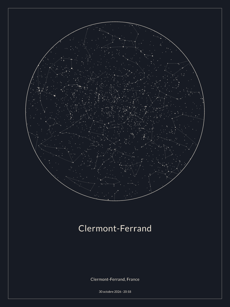 Carte du ciel nocturne depuis Clermont-Ferrand, le 30 octobre 2026 à 20:18