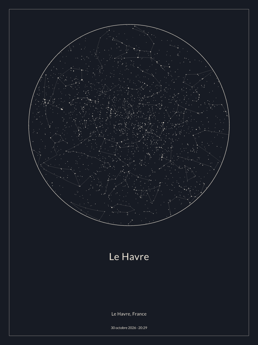 Carte du ciel nocturne depuis Le Havre, le 30 octobre 2026 à 20:29