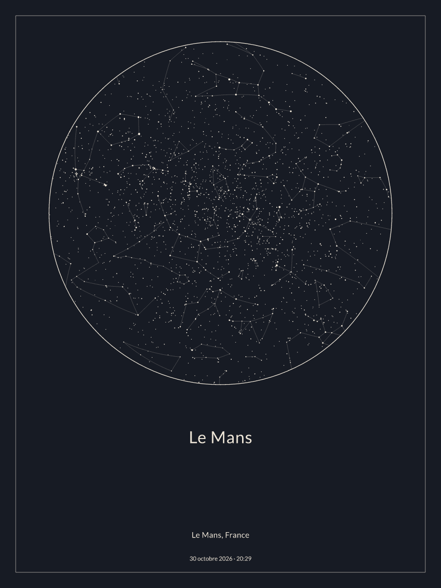Carte du ciel nocturne depuis Le Mans, le 30 octobre 2026 à 20:29