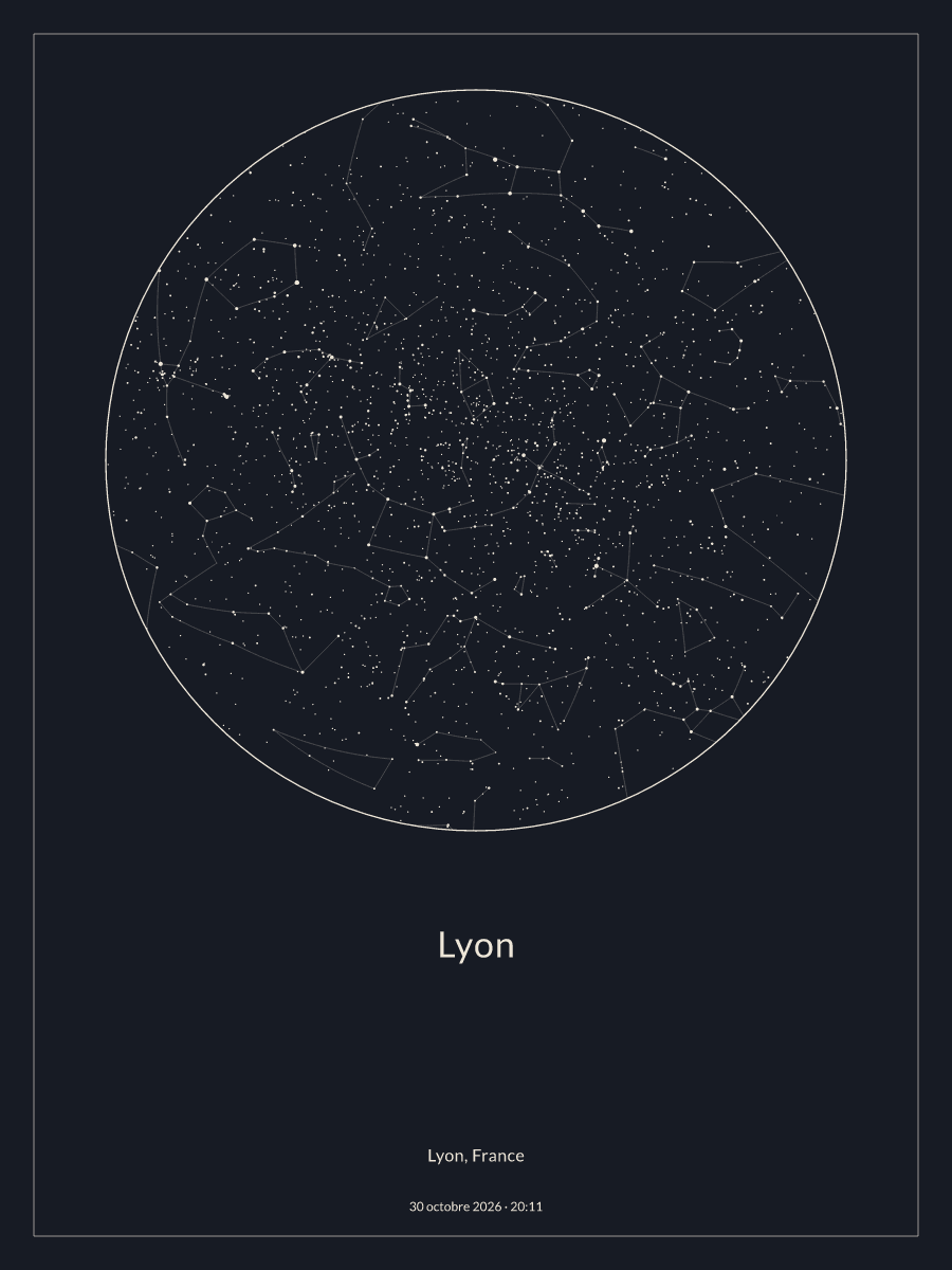Carte du ciel nocturne depuis Lyon, le 30 octobre 2026 à 20:11