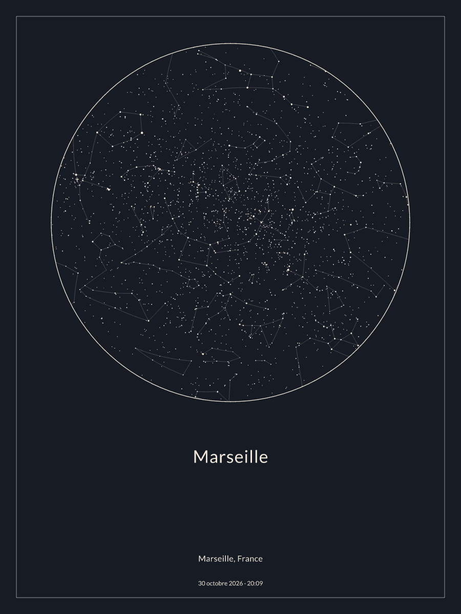 Carte du ciel nocturne depuis Marseille, le 30 octobre 2026 à 20:09