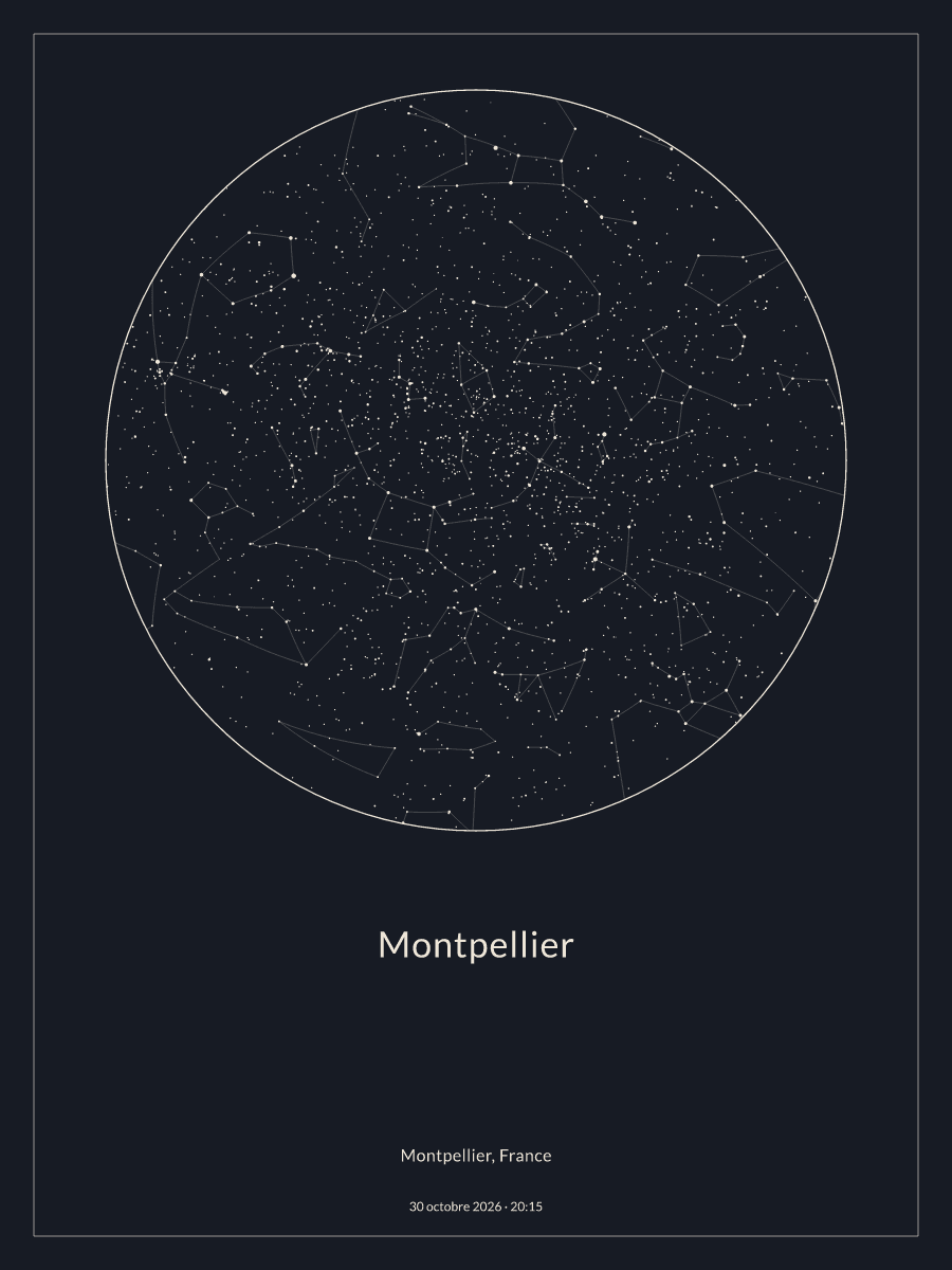 Carte du ciel nocturne depuis Montpellier, le 30 octobre 2026 à 20:15