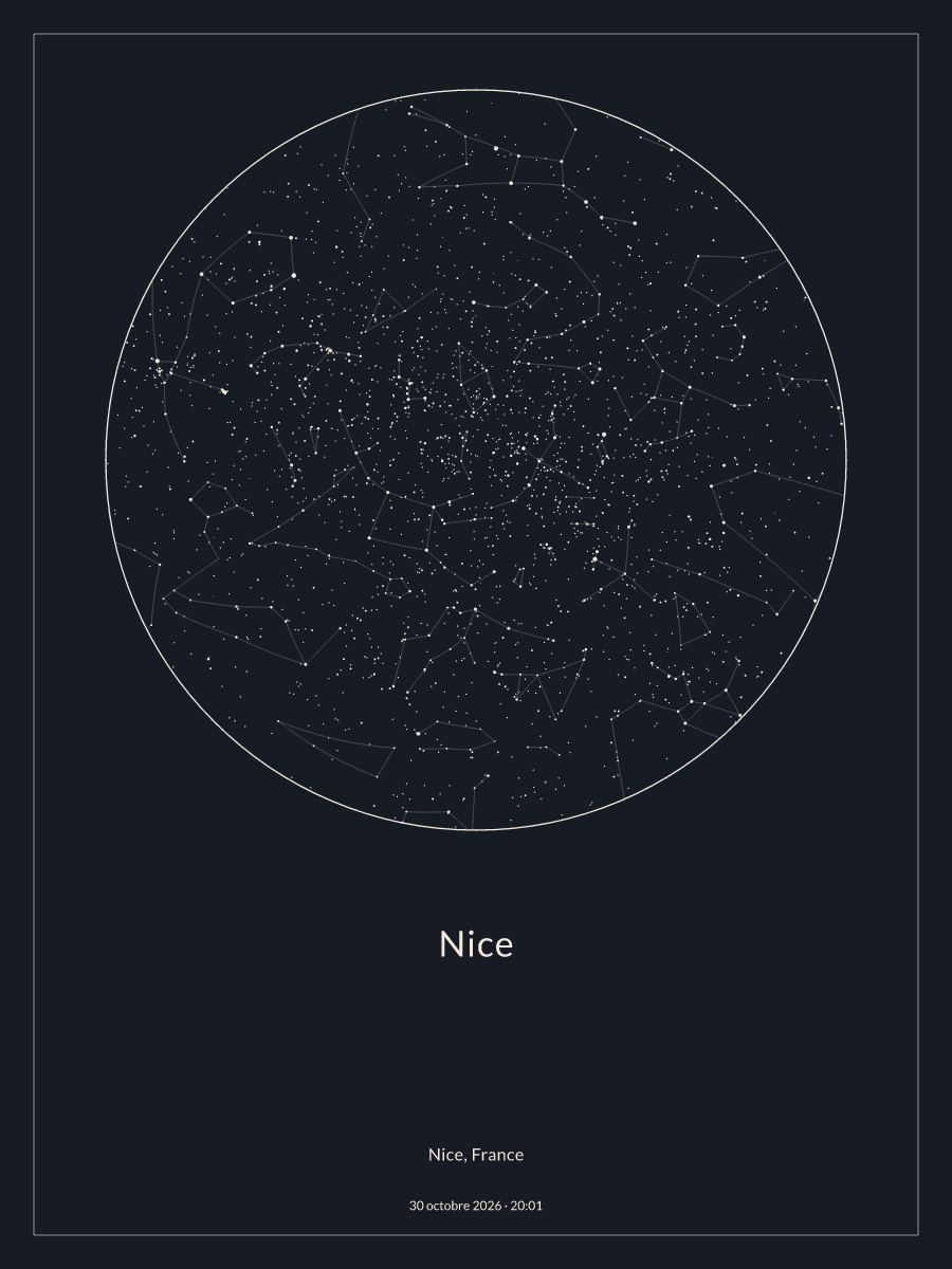 Carte du ciel nocturne depuis Nice, le 30 octobre 2026 à 20:01