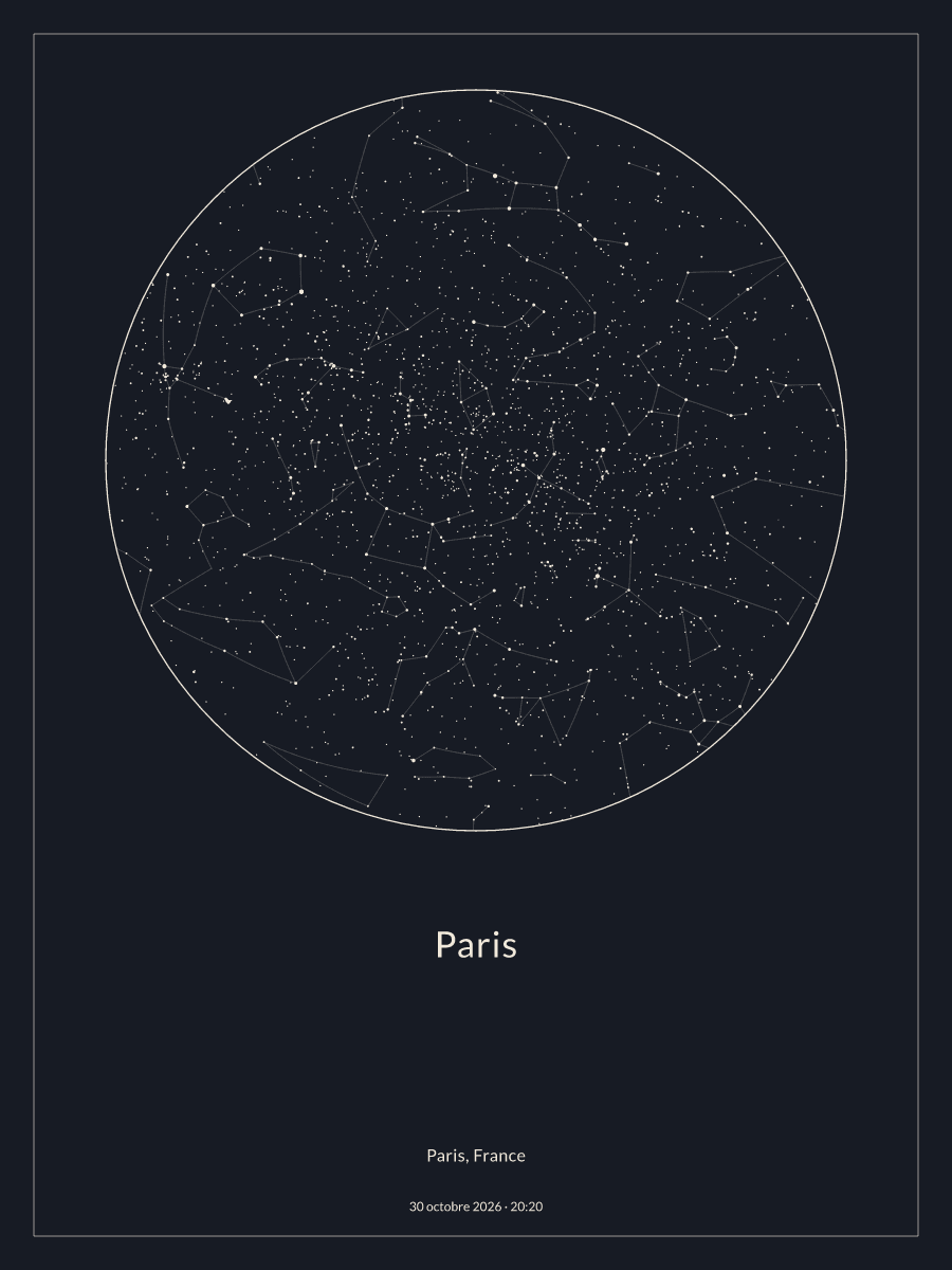 Carte du ciel nocturne depuis Paris, le 30 octobre 2026 à 20:20