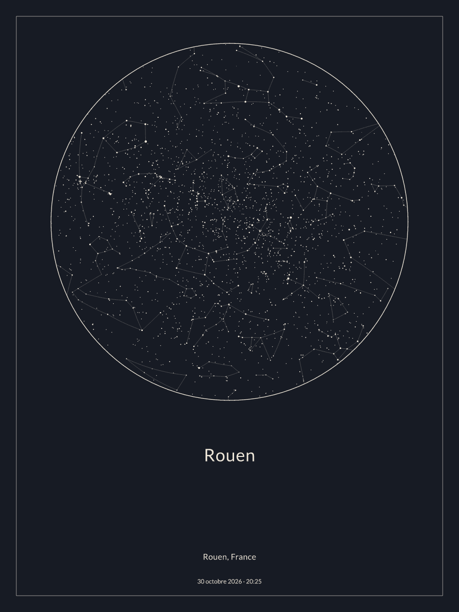 Carte du ciel nocturne depuis Rouen, le 30 octobre 2026 à 20:25