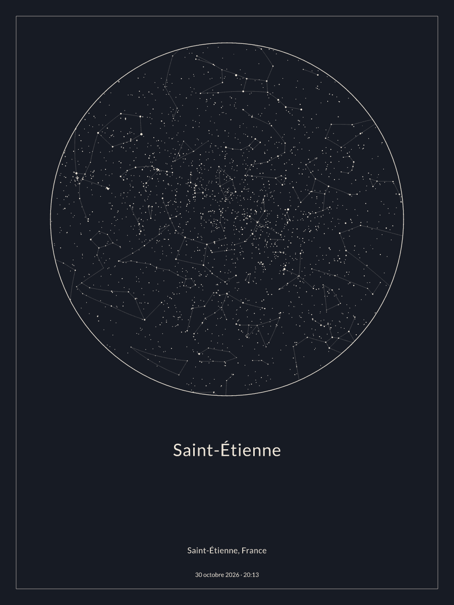 Carte du ciel nocturne depuis Saint-Étienne, le 30 octobre 2026 à 20:13