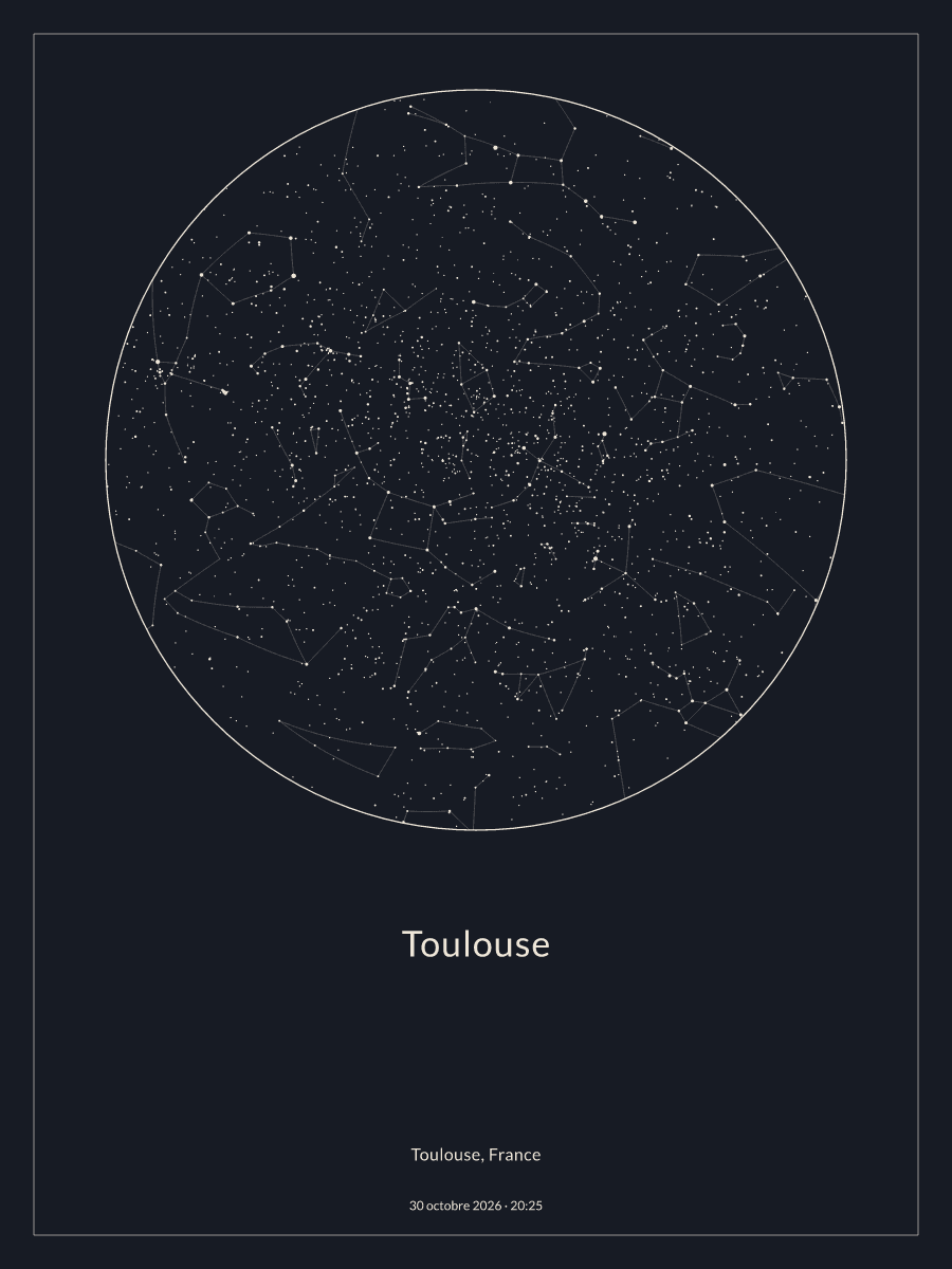 Carte du ciel nocturne depuis Toulouse, le 30 octobre 2026 à 20:25