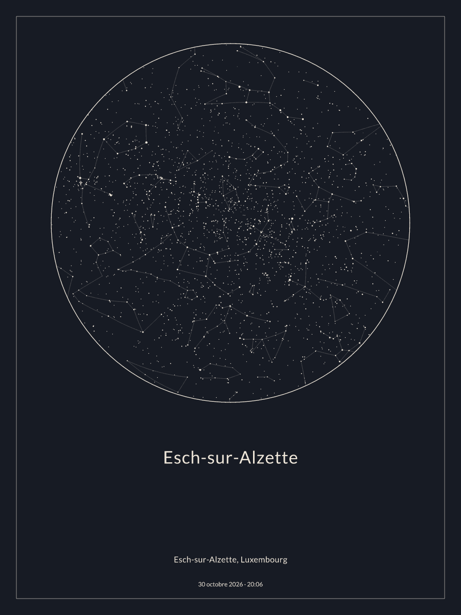 Carte du ciel nocturne depuis Esch-sur-Alzette, le 30 octobre 2026 à 20:06