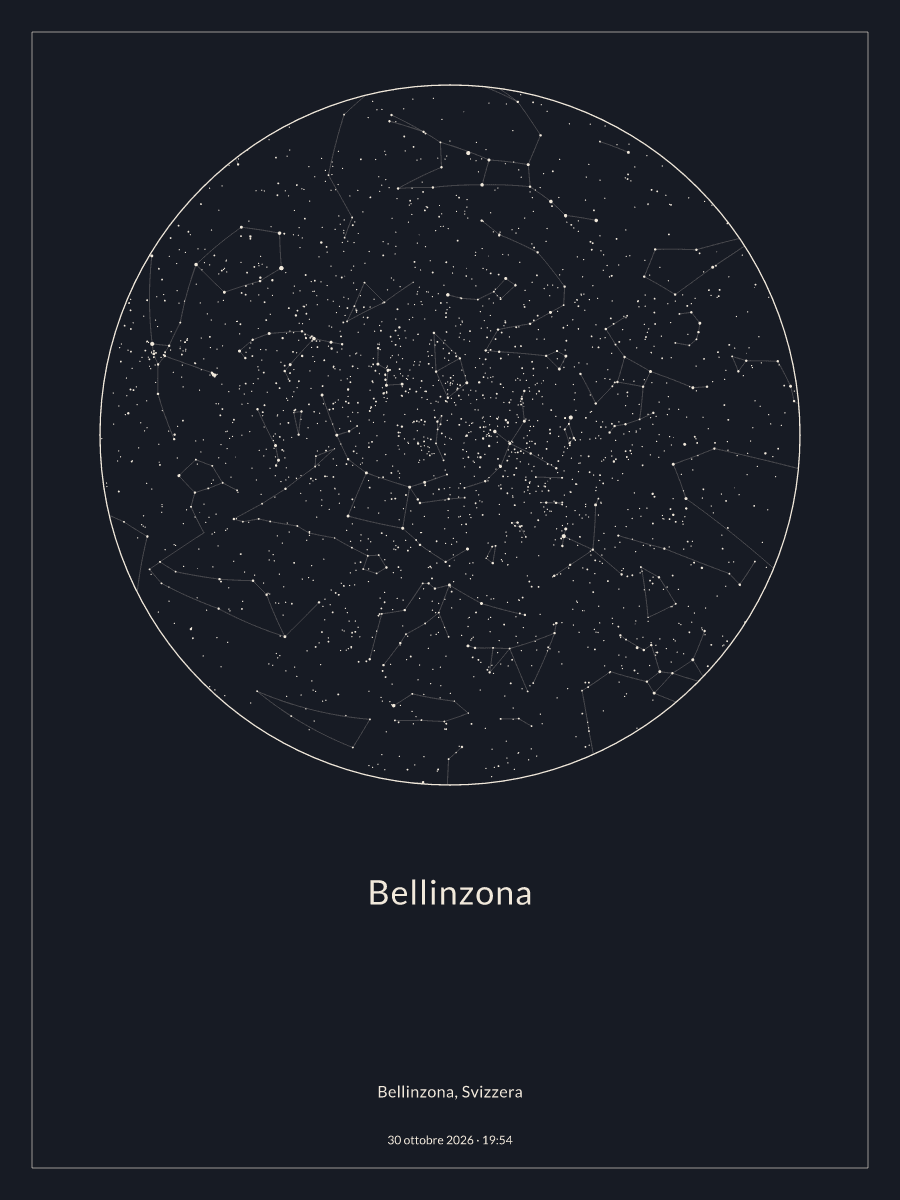 Mappa del cielo notturno sopra Bellinzona, alle 19:54 del 30 ottobre 2026