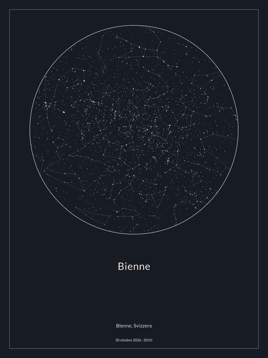 Mappa del cielo notturno sopra Bienne, alle 20:01 del 30 ottobre 2026