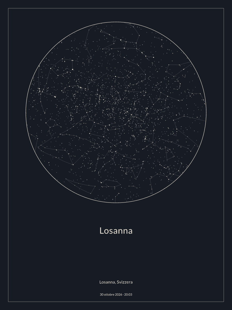 Mappa del cielo notturno sopra Losanna, alle 20:03 del 30 ottobre 2026