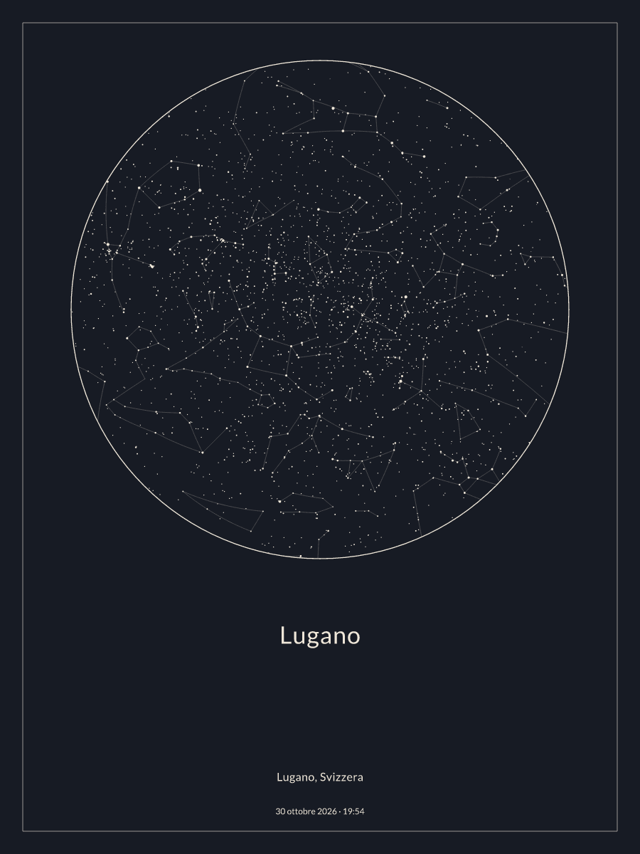 Mappa del cielo notturno sopra Lugano, alle 19:54 del 30 ottobre 2026