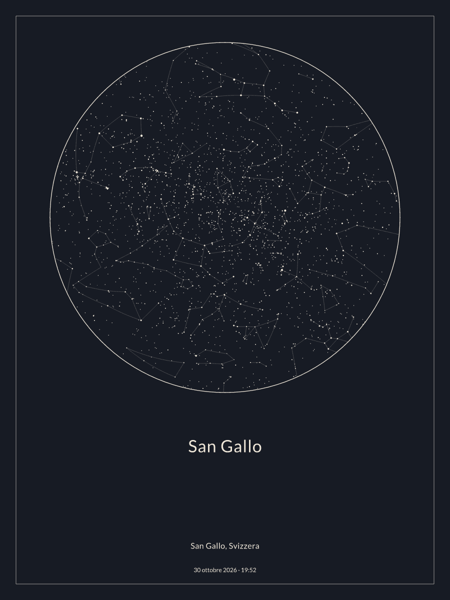Mappa del cielo notturno sopra San Gallo, alle 19:52 del 30 ottobre 2026