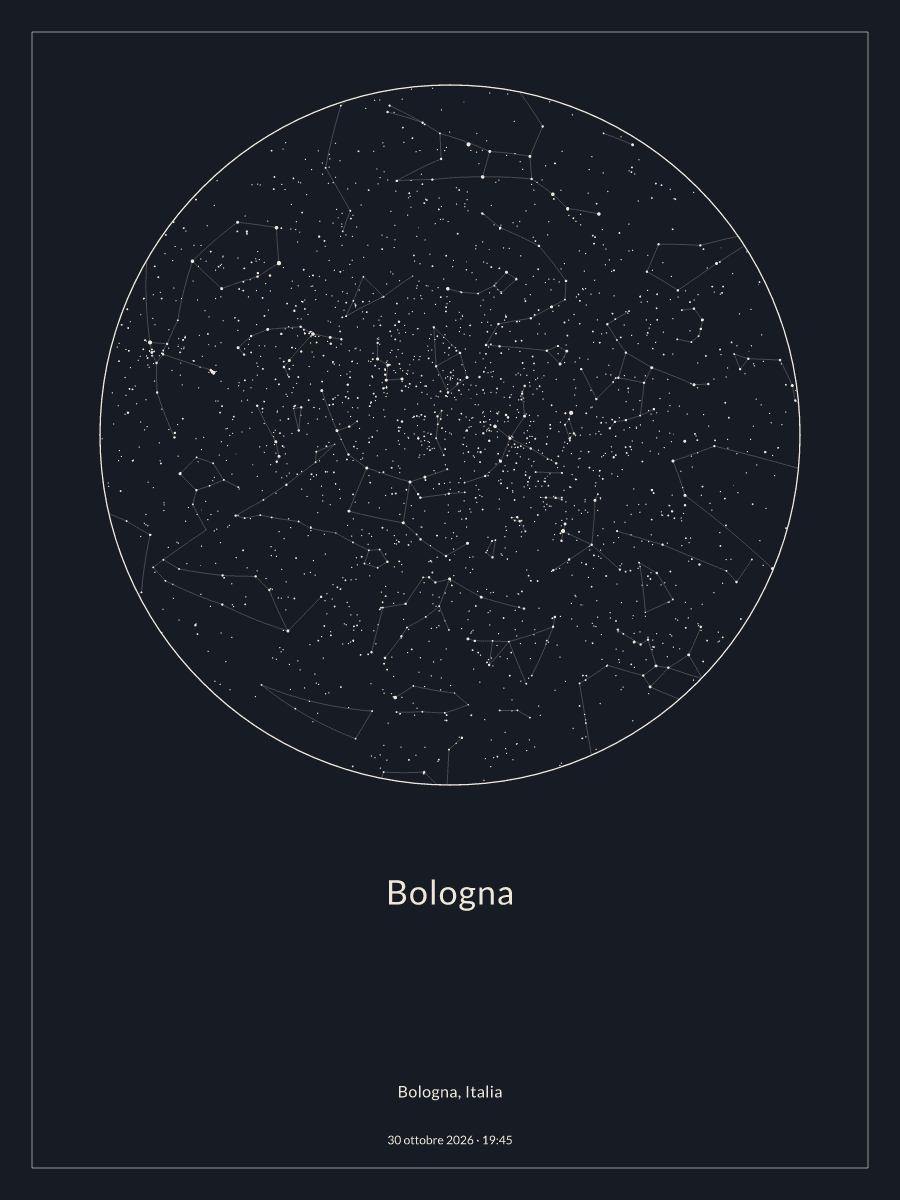 Mappa del cielo notturno sopra Bologna, alle 19:45 del 30 ottobre 2026