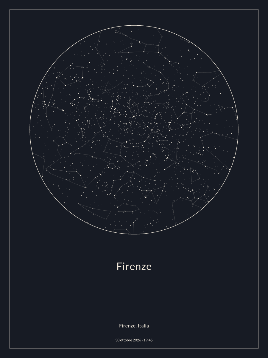 Mappa del cielo notturno sopra Firenze, alle 19:45 del 30 ottobre 2026
