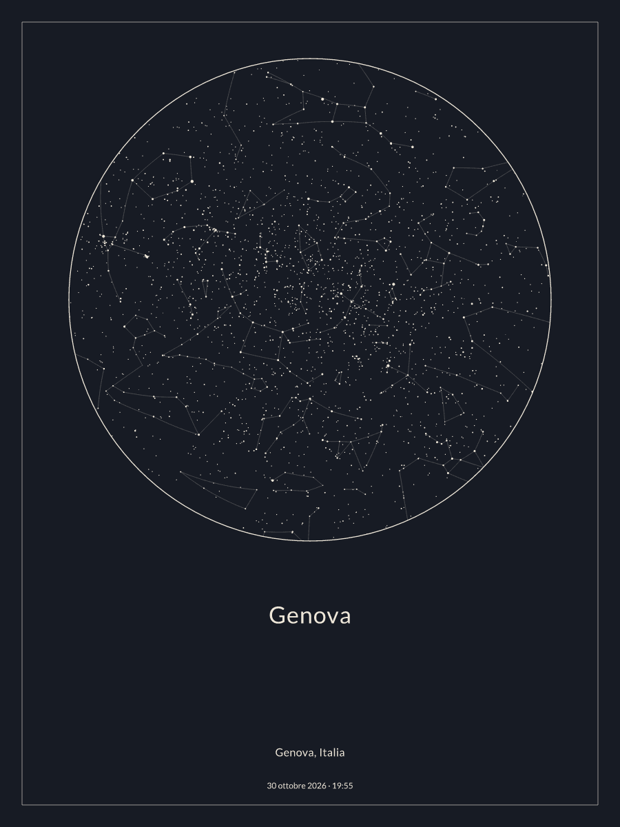 Mappa del cielo notturno sopra Genova, alle 19:55 del 30 ottobre 2026