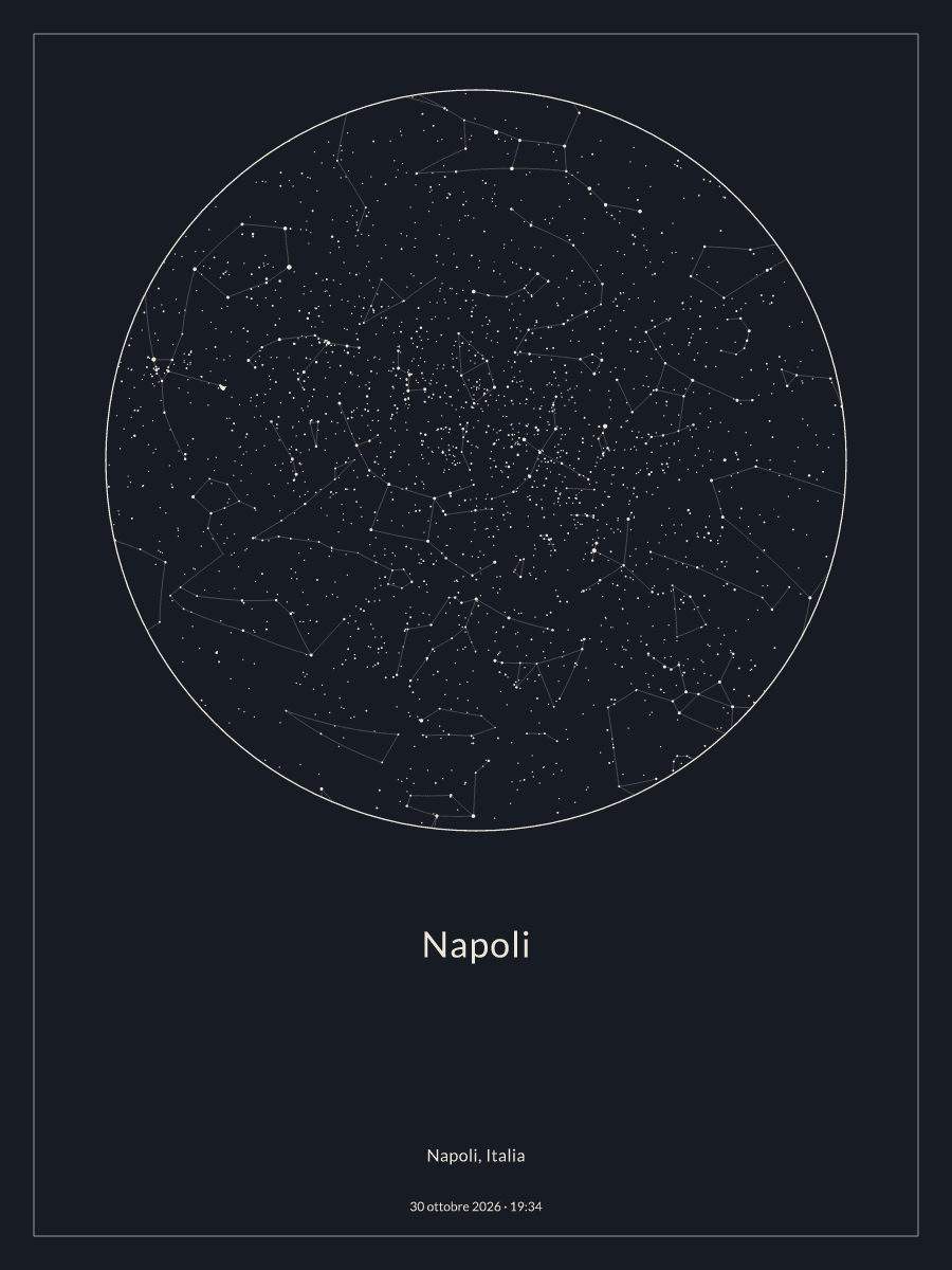 Mappa del cielo notturno sopra Napoli, alle 19:34 del 30 ottobre 2026