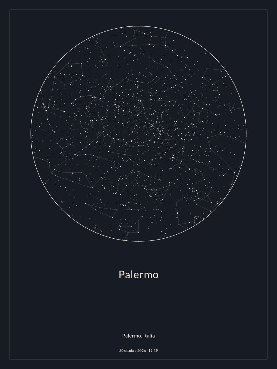 Mappa del cielo notturno sopra Palermo, alle 19:39 del 30 ottobre 2026