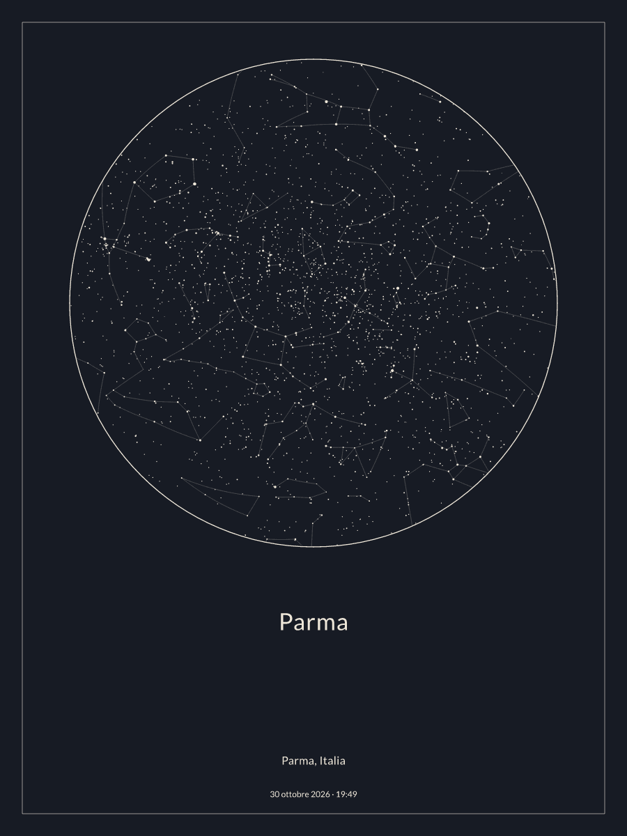 Mappa del cielo notturno sopra Parma, alle 19:49 del 30 ottobre 2026