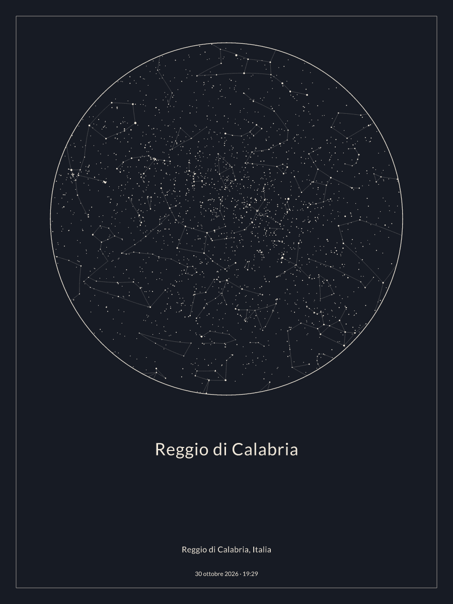 Mappa del cielo notturno sopra Reggio di Calabria, alle 19:29 del 30 ottobre 2026