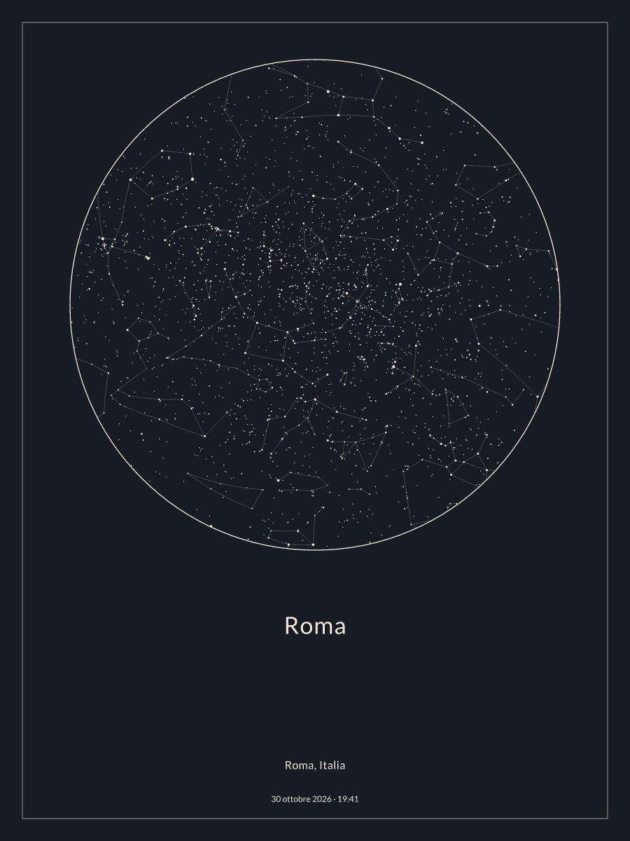 Mappa del cielo notturno sopra Roma, alle 19:41 del 30 ottobre 2026