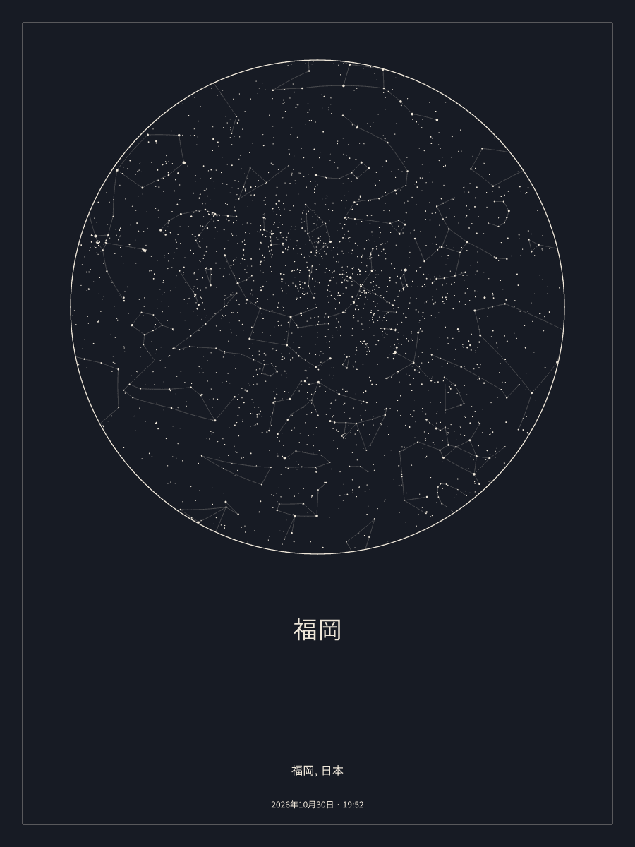 2026年10月30日 19:52の福岡の夜空を描いた星図