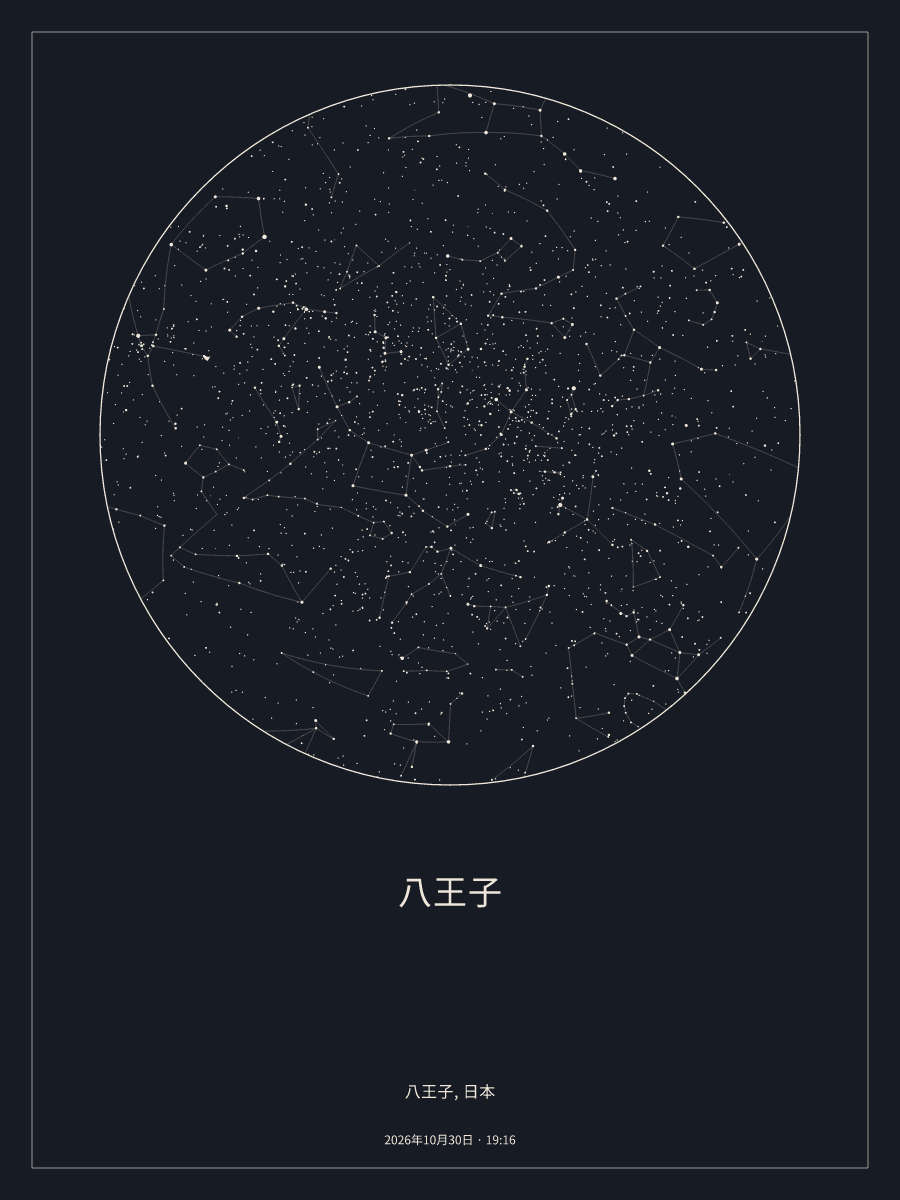 2026年10月30日 19:16の八王子の夜空を描いた星図
