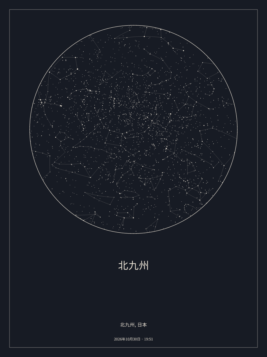 2026年10月30日 19:51の北九州の夜空を描いた星図
