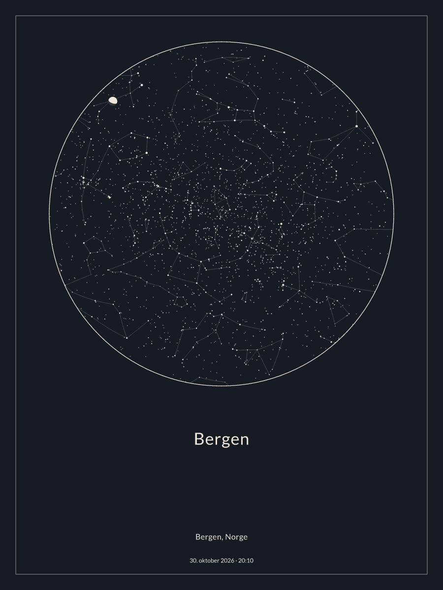 Himmelkart av stjernehimmelen over Bergen kl. 20:10 30. oktober 2026