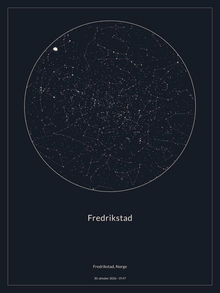 Himmelkart av stjernehimmelen over Fredrikstad kl. 19:47 30. oktober 2026