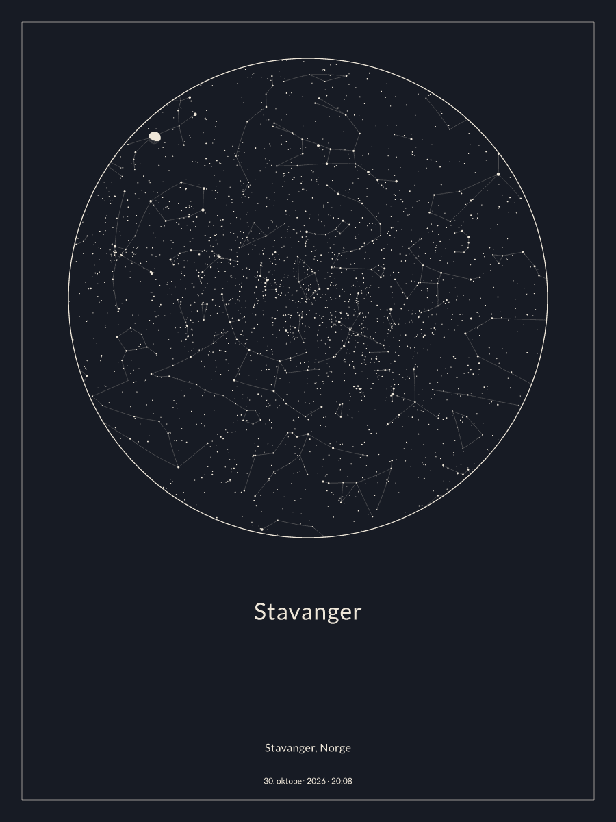 Himmelkart av stjernehimmelen over Stavanger kl. 20:08 30. oktober 2026