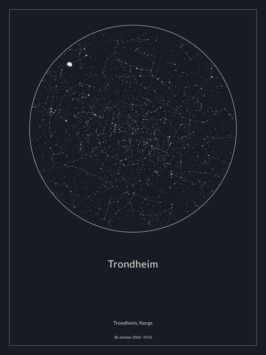 Himmelkart av stjernehimmelen over Trondheim kl. 19:52 30. oktober 2026