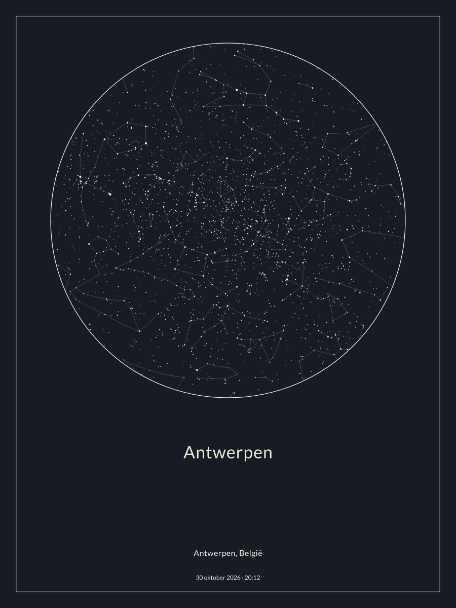 Hemelkaart van de sterrenhemel boven Antwerpen om 20:12 op 30 oktober 2026
