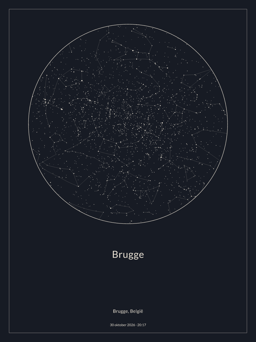 Hemelkaart van de sterrenhemel boven Brugge om 20:17 op 30 oktober 2026