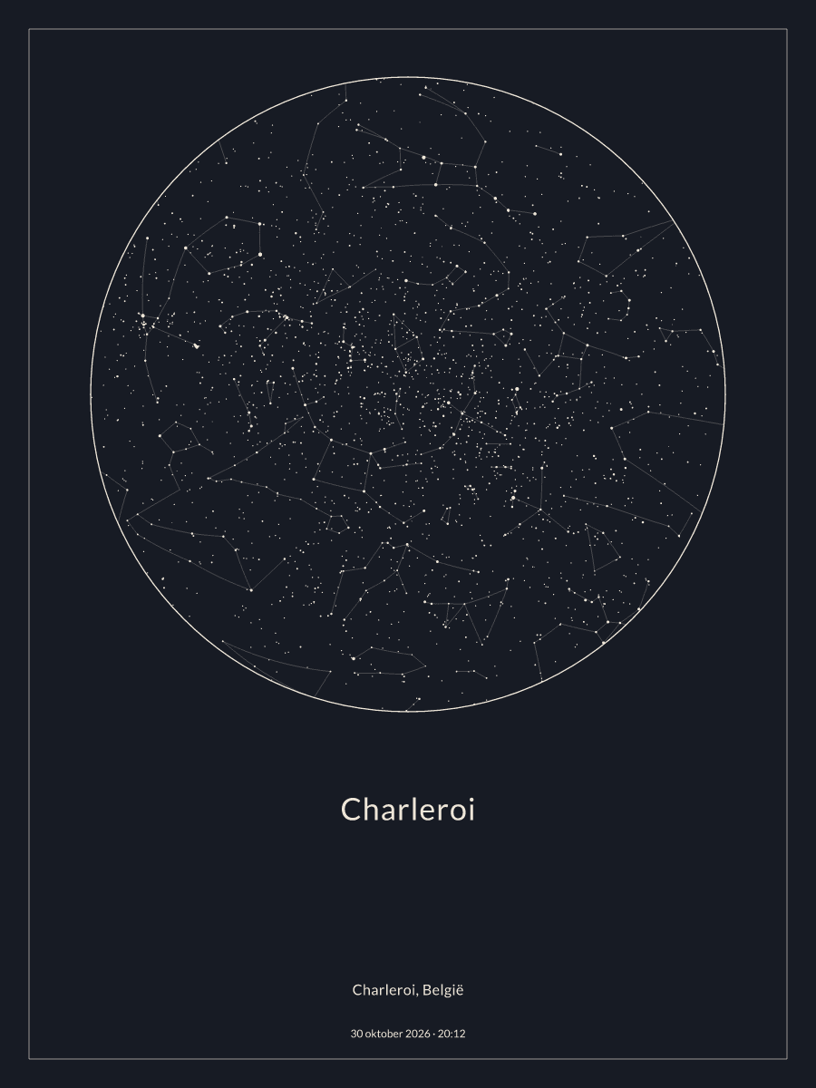 Hemelkaart van de sterrenhemel boven Charleroi om 20:12 op 30 oktober 2026