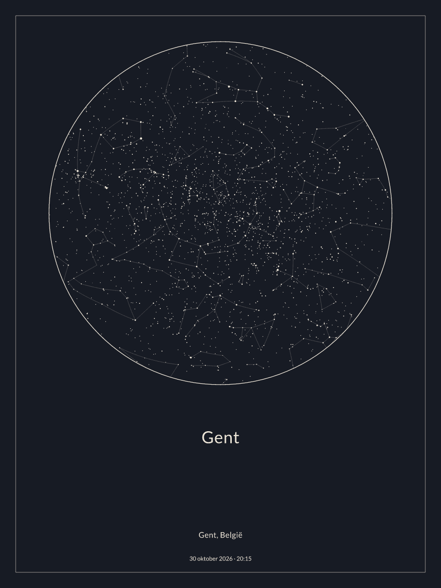 Hemelkaart van de sterrenhemel boven Gent om 20:15 op 30 oktober 2026