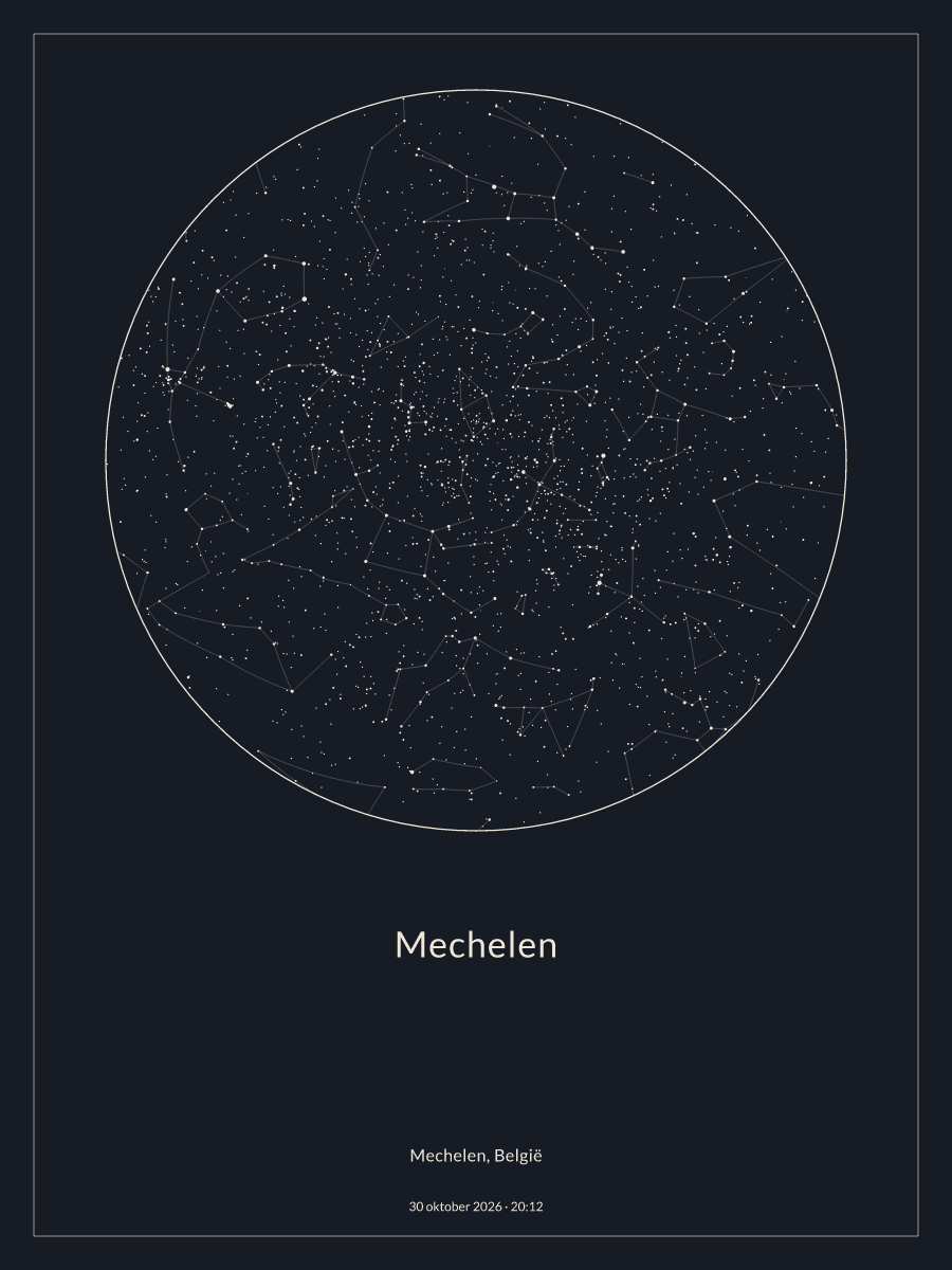 Hemelkaart van de sterrenhemel boven Mechelen om 20:12 op 30 oktober 2026