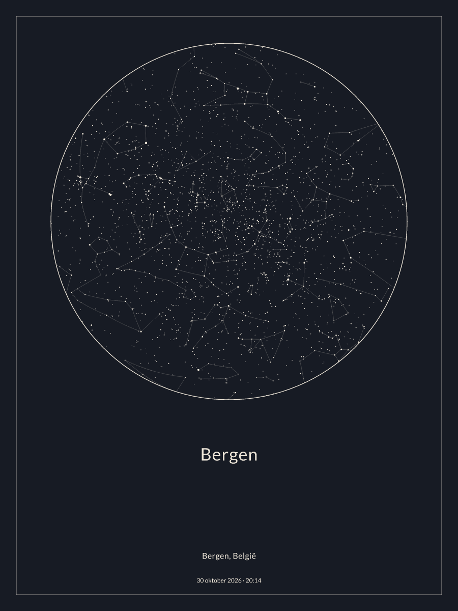 Hemelkaart van de sterrenhemel boven Bergen om 20:14 op 30 oktober 2026