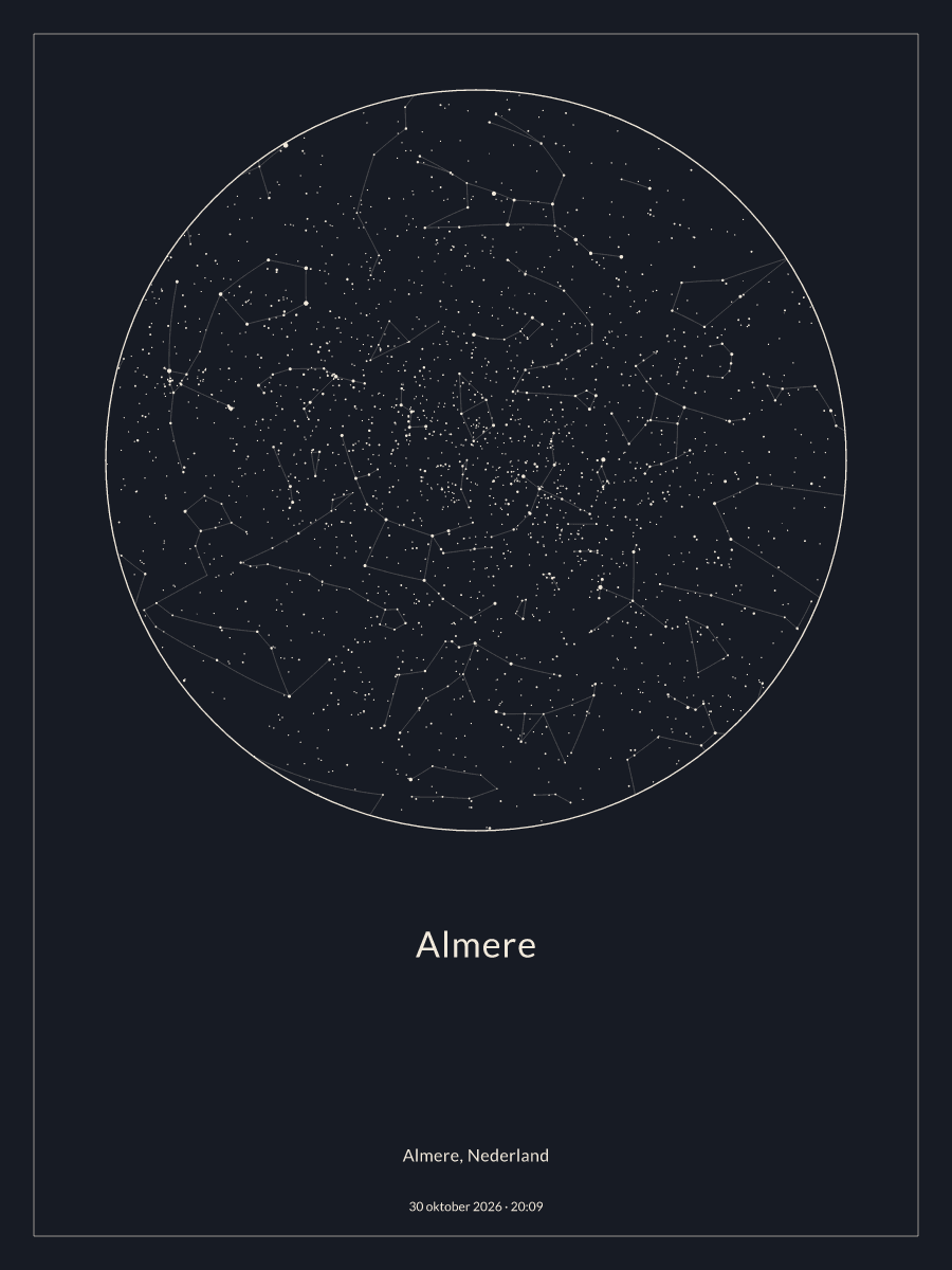 Hemelkaart van de sterrenhemel boven Almere om 20:09 op 30 oktober 2026