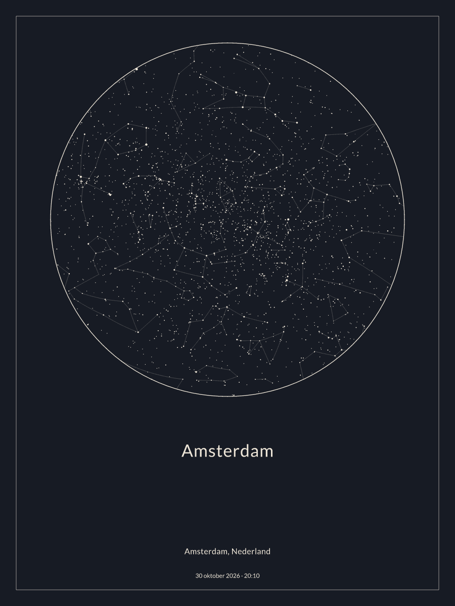 Hemelkaart van de sterrenhemel boven Amsterdam om 20:10 op 30 oktober 2026