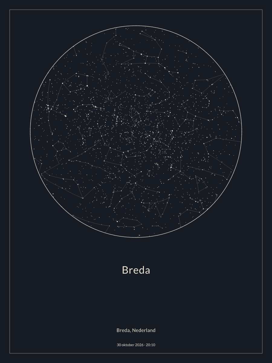 Hemelkaart van de sterrenhemel boven Breda om 20:10 op 30 oktober 2026