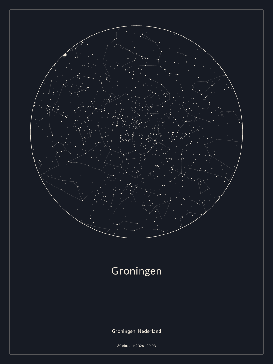 Hemelkaart van de sterrenhemel boven Groningen om 20:03 op 30 oktober 2026
