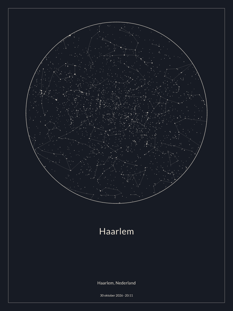 Hemelkaart van de sterrenhemel boven Haarlem om 20:11 op 30 oktober 2026