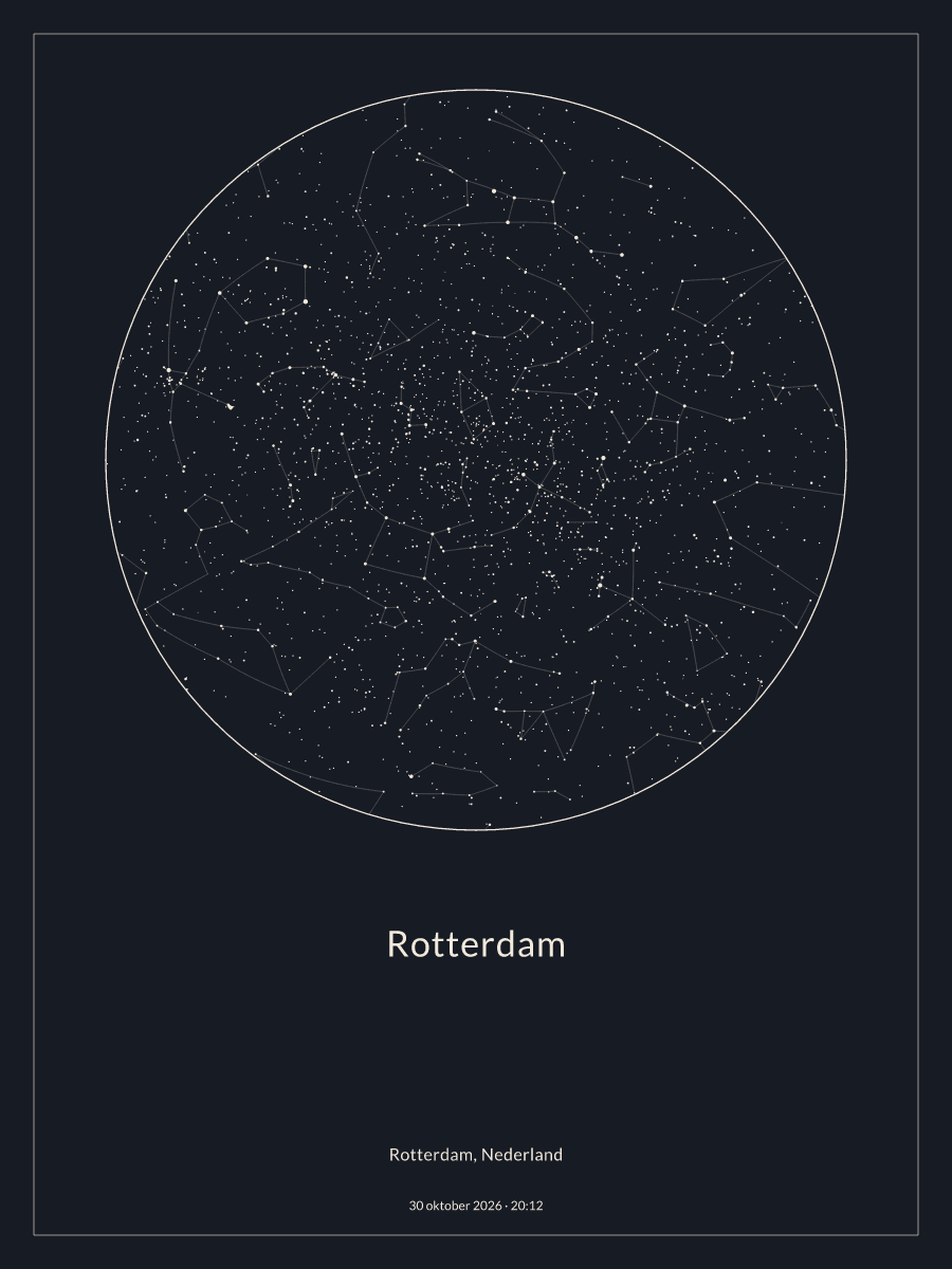 Hemelkaart van de sterrenhemel boven Rotterdam om 20:12 op 30 oktober 2026