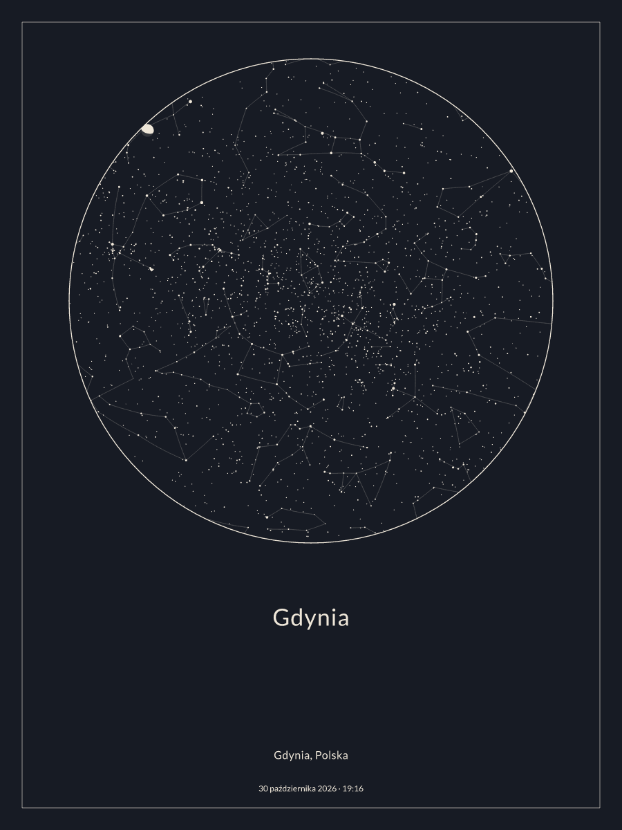 Gdynia: Mapa nocnego nieba, godz. 19:16, 30 października 2026