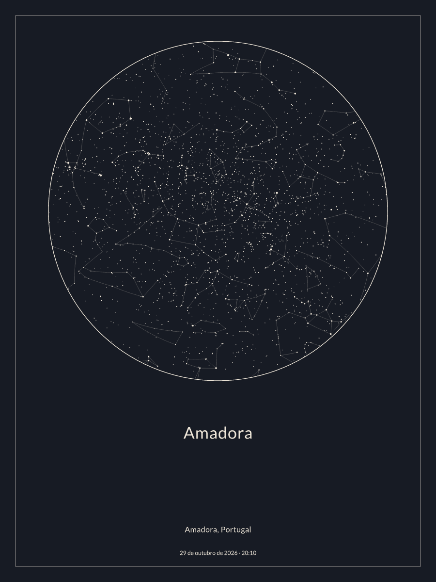 Mapa do céu noturno: Amadora, 29 de outubro de 2026, 20:10