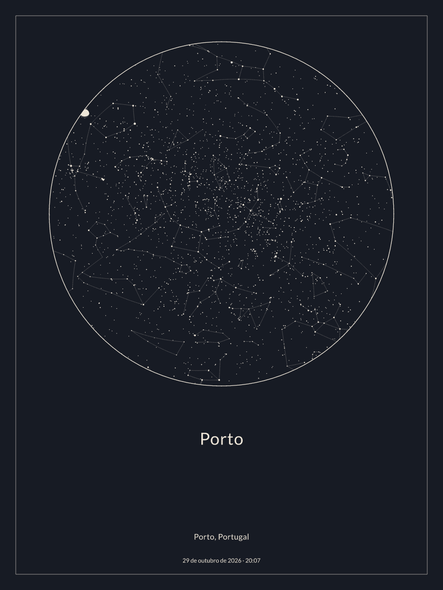 Mapa do céu noturno: Porto, 29 de outubro de 2026, 20:07