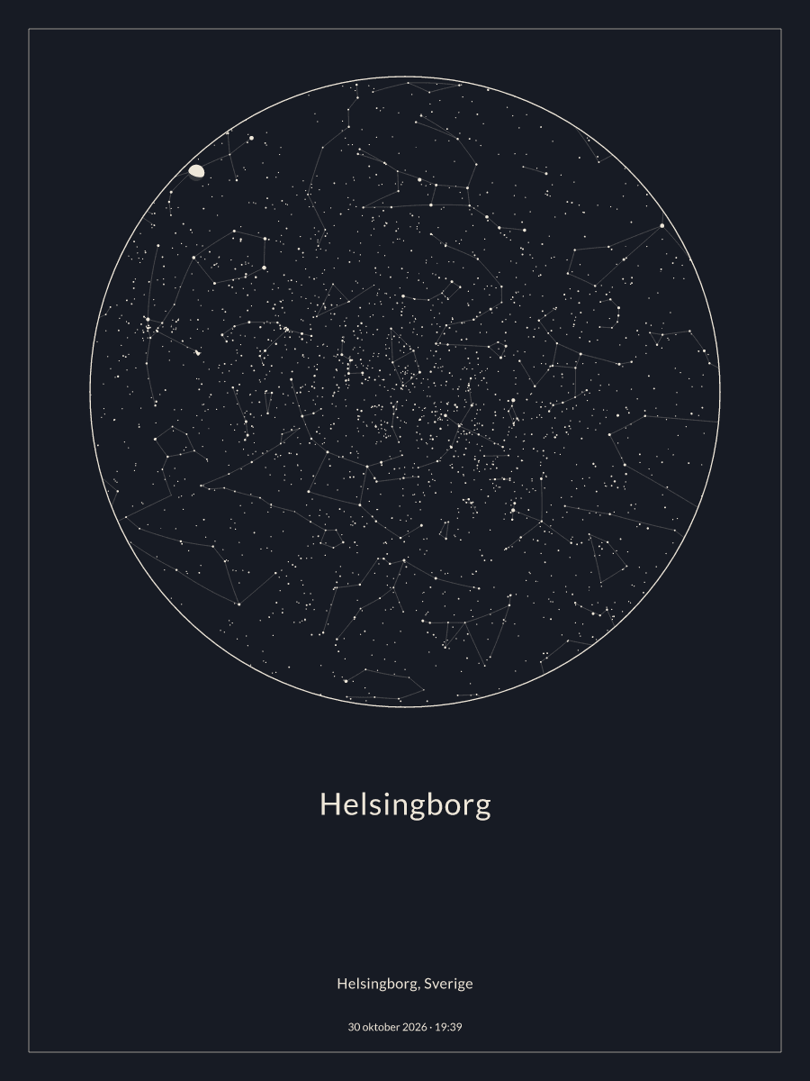 Himmelskarta över natthimlen ovanför Helsingborg kl. 19:39 den 30 oktober 2026