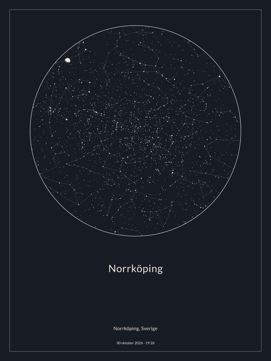 Himmelskarta över natthimlen ovanför Norrköping kl. 19:26 den 30 oktober 2026