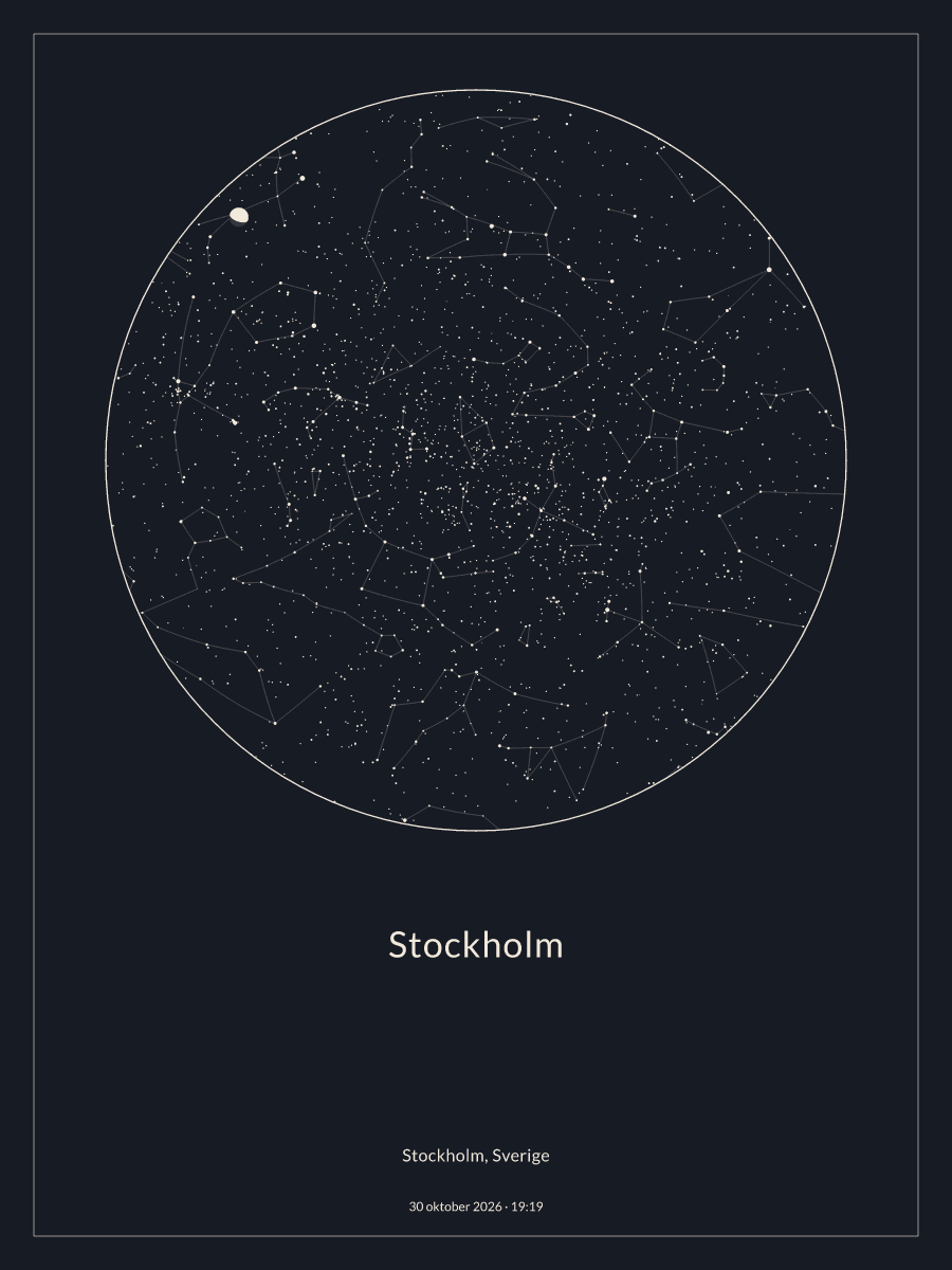 Himmelskarta över natthimlen ovanför Stockholm kl. 19:19 den 30 oktober 2026